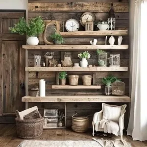 plain walls into stunning displays with the allure of rustic wooden shelves